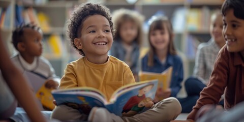 A group of children sitting on the floor, smiling and reading books together in an early childhood education center