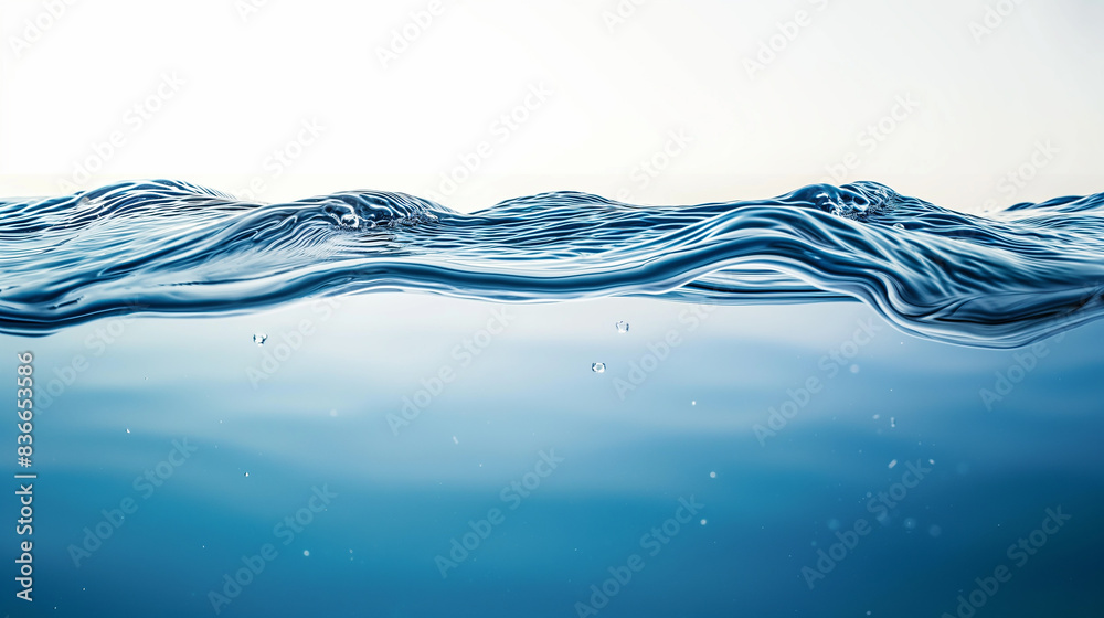 Blue water smooth line surface, side view ,See clearly through the opposite side ,no air bubbles inside ,on white background. Blue water smooth line surface, side view ,See clearly through the opposite side ,no air bubbles inside ,on white background.