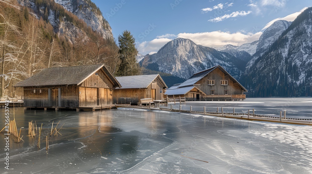 Fototapeta premium A charming wooden cabin with a wrap-around porch, set in a grassy meadow in the mountains,
