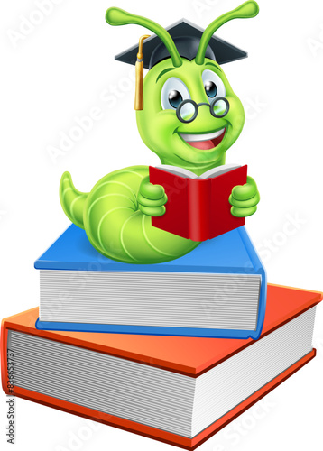 A caterpillar bookworm worm cute cartoon character education mascot wearing graduation hat and glasses reading on a pile of books