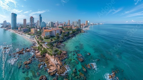 A panoramic view of a coastal city with the ocean on one side and a skyline of modern buildings on the other, showcasing the blend of natural and urban landscapes. Minimal and Simple,