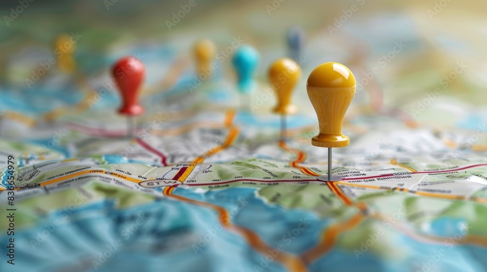 Event Planning: A 3D vector illustration of a map with pins representing different venues and logistical points