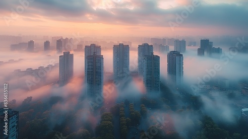 A serene morning cityscape with fog partially obscuring tall buildings, creating a mystical and tranquil atmosphere in the urban environment. Minimal and Simple, photo