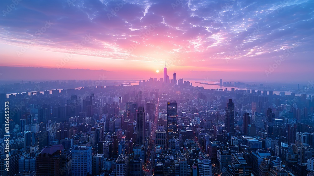 Fototapeta premium A panoramic view of a city skyline at dawn with the first light of day illuminating the tallest buildings and casting long shadows. Minimal and Simple,