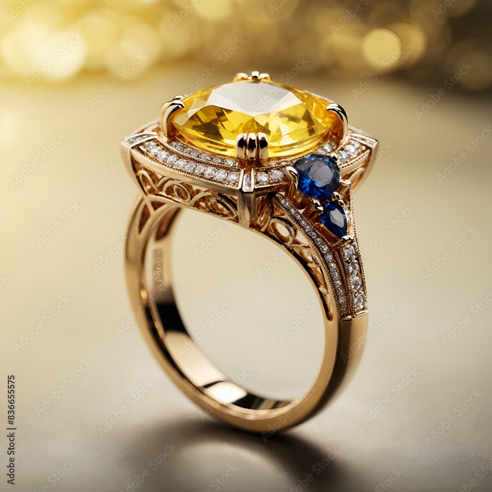 A stunning ring design adorned with a bright yellow gemstone glimmering in the light A stunning ring design adorned with a bright yellow gemstone glimmering in the light