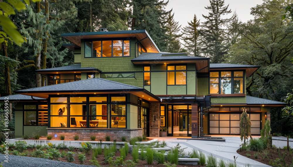 Elegant Craftsman Style New Construction Pistachio Green House with Sleek Architectural Elements in a Peaceful Forest Area