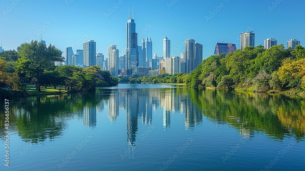 A panoramic view of a city skyline reflected in a calm river or lake, creating a mirror image of the urban landscape. Minimal and Simple, A panoramic view of a city skyline reflected in a calm river or lake, creating a mirror image of the urban landscape. Minimal and Simple,