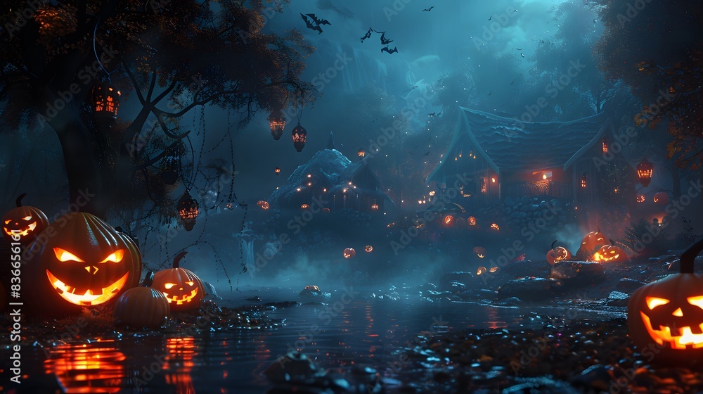 Halloween night with pumpkins and scary jack o lanterns on the background of an old village Halloween night with pumpkins and scary jack o lanterns on the background of an old village