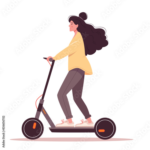 Girl riding electric scooter. Daily routines and everyday activities of young woman spend time walking.Modern transport. Flat cartoon vector illustration.