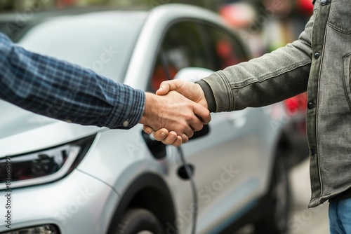 A salesperson is shaking hands with the customer and handing over car keys, while standing next to an electric vehicle in the background