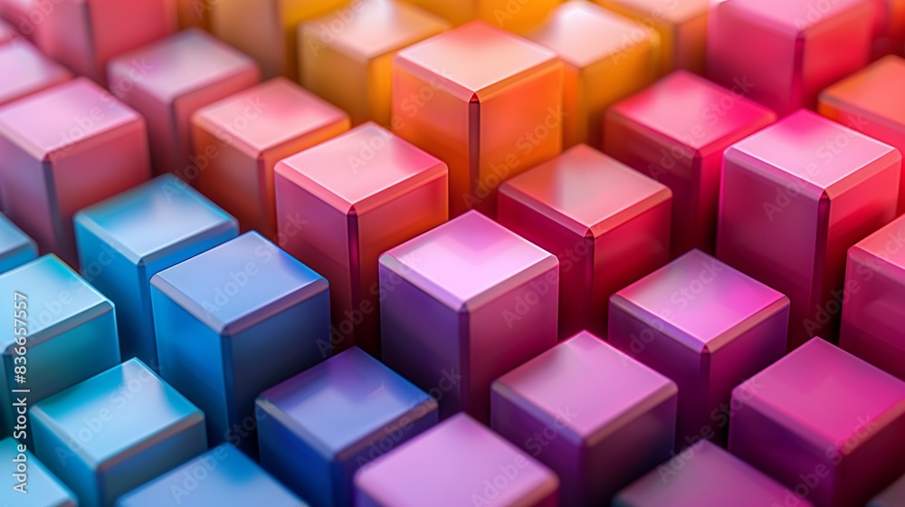 A repeating pattern of cubes in various sizes, with each face shaded in different hues, giving a 3D illusion effect. Minimal and Simple,