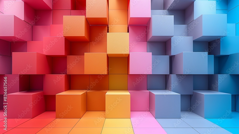 A repeating pattern of cubes in various sizes, with each face shaded in different hues, giving a 3D illusion effect. Minimal and Simple, A repeating pattern of cubes in various sizes, with each face shaded in different hues, giving a 3D illusion effect. Minimal and Simple,