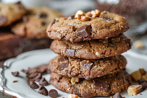 Stack of cookies on a plate with chocolate chips  food background 