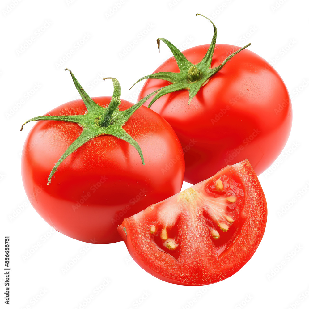 2 tomato and 1 slice isolated on transparent background. 2 tomato and 1 slice isolated on transparent background.