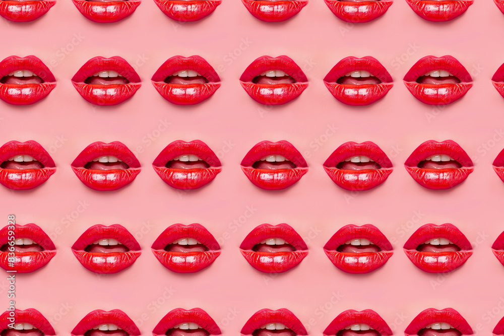 Red lips pattern on pink background with glossy, realistic detai Red lips pattern on pink background with glossy, realistic detai