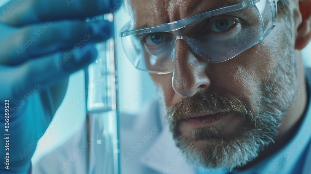 A close-up of the doctor's face as they examine a contaminated water sample. A close-up of the doctor's face as they examine a contaminated water sample.