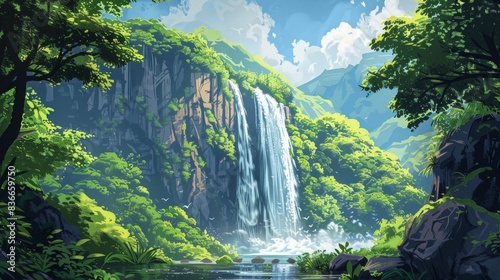 A natural wonder depicted in a minimalist landscape illustration. The scene features a dramatic waterfall cascading down into a serene pool, surrounded by lush greenery. The simple yet powerful