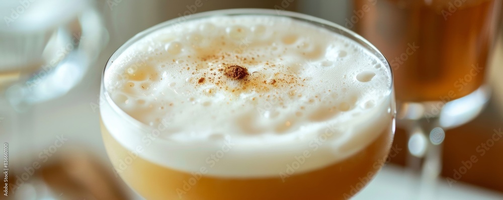 The cocktail glass is filled with a frothy cocktail made from egg whites. Topped with a bitter, fragrant flavor. The cocktail glass is filled with a frothy cocktail made from egg whites. Topped with a bitter, fragrant flavor.