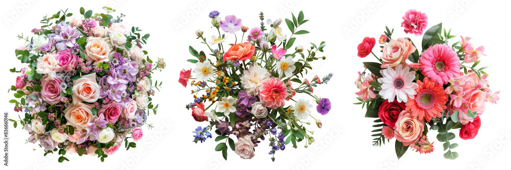 Top View of Flower Arrangement Set Isolated on Transparent or White Background, PNG