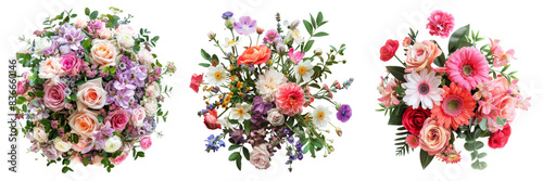 Top View of Flower Arrangement Set Isolated on Transparent or White Background, PNG