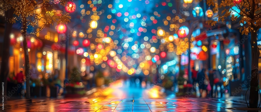 Fototapeta premium Vibrant city street at night adorned with colorful string lights, creating a festive and lively atmosphere, perfect for urban holiday scenes.