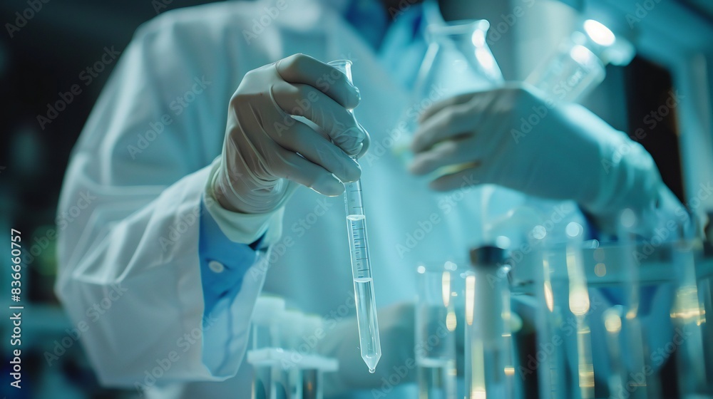 Close-up of the doctora??s hands holding a glass pipette and a water sample.