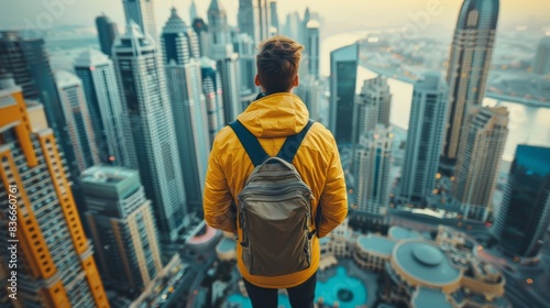 A man wearing a yellow jacket and a backpack stands on a rooftop, looking down at the modern luxury of city below. success concept