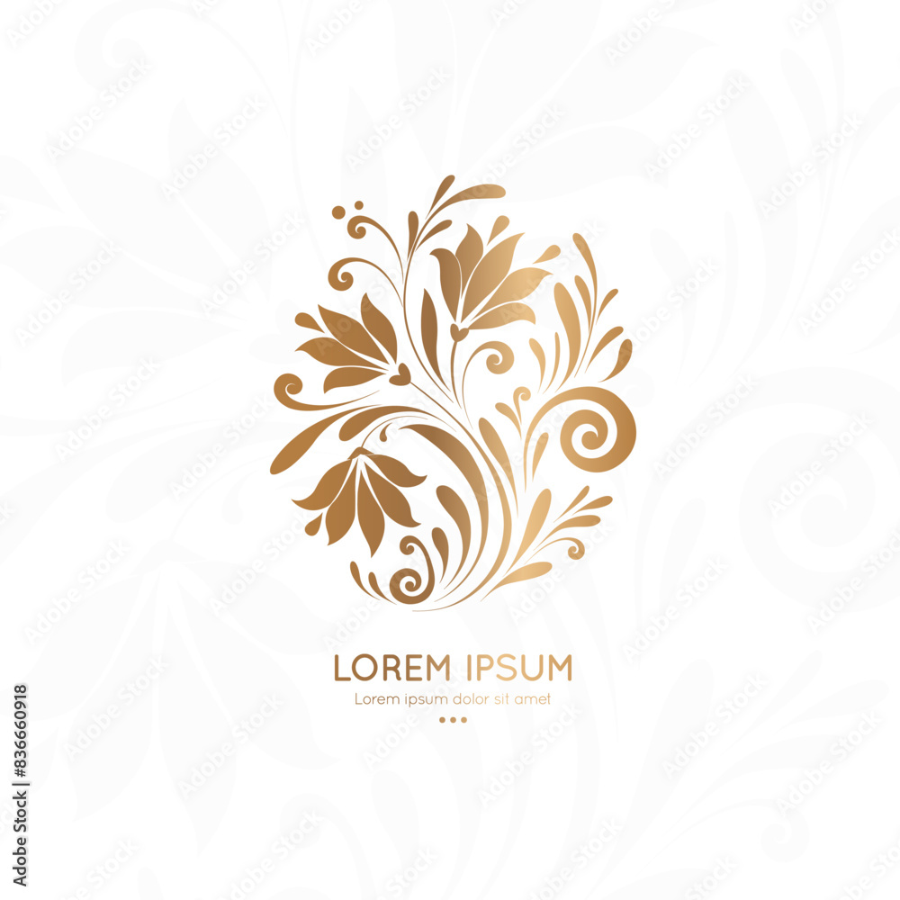 Golden emblem with leaves. Can be used for jewelry, beauty and fashion industry. Great for logo, monogram, invitation, flyer, menu, background, or any desired idea.