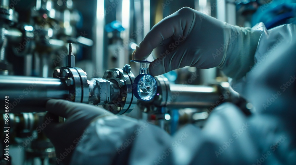 The doctora??s fingers manipulating a small valve in a water testing setup. The doctora??s fingers manipulating a small valve in a water testing setup.