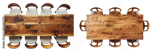 Top View of Wood Dining Table with Chairs Set Isolated on Transparent or White Background, PNG