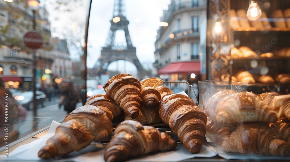 A window display of croissants in a bakery with a view of the Eiffel Tower in th A window display of croissants in a bakery with a view of the Eiffel Tower in th