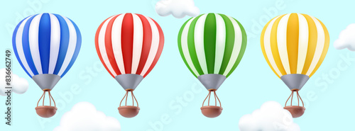 Hot air balloon 3d vector illustration. Colorful sky travel vehicle with basket and striped flying inflatable parachute. Red yellow blue airship ballon. Cartoon aerostat for ballooning festival.