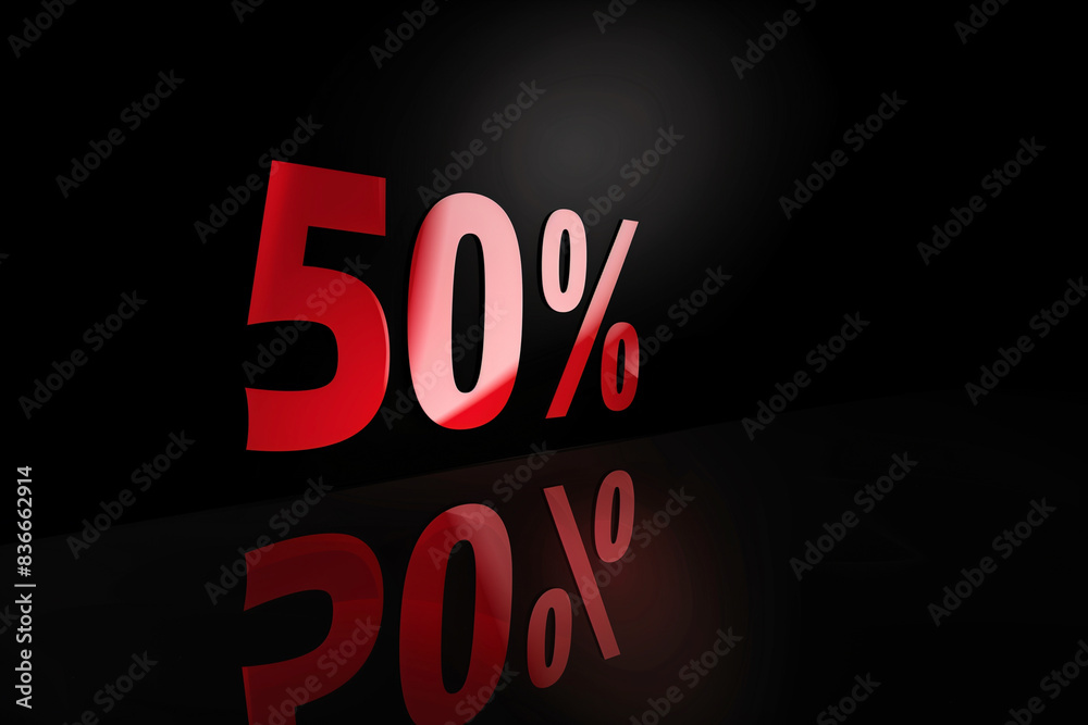 A neon sign with the word Sale in red letters and a red 50% sign in the middle A neon sign with the word Sale in red letters and a red 50% sign in the middle