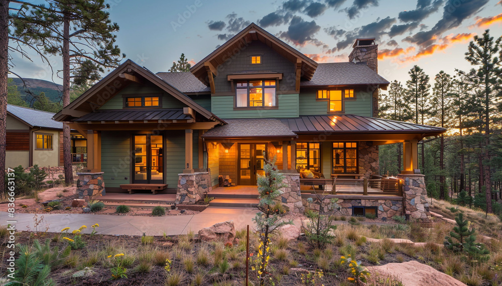 Obraz premium Sophisticated Craftsman Style New Construction Forest Green House with Streamlined Design Elements in a Rocky Highland Area