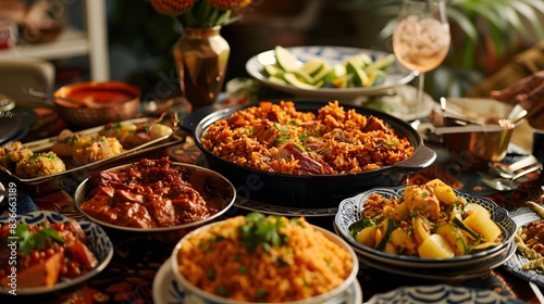 Wallpaper Mural Market-Fresh Nigeria Meal: A vibrant plate of traditional Nigeria cuisine featuring delicious chicken, pork, and fresh vegetables, served with spicy sauce Torontodigital.ca