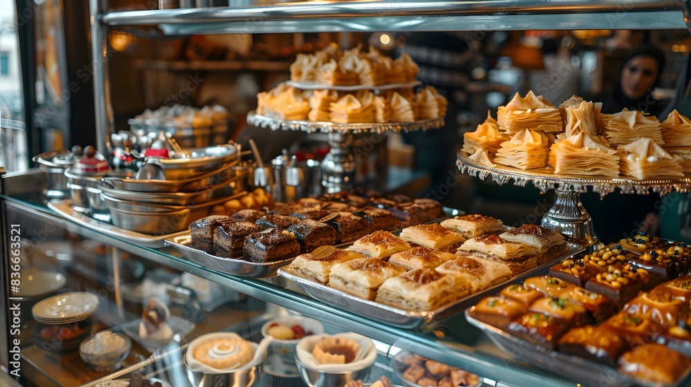 Baklava meat and Turkish sweets at the food market Baklava meat and Turkish sweets at the food market
