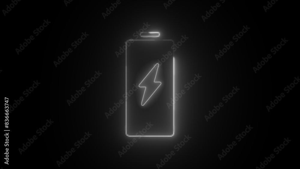 neon lightning bolt, glowing sign. Abstract neon bolt icon with circle on black background Glowing neon battery icon. power and electricity accumulator battery.
