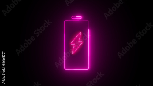 neon lightning bolt, glowing sign. Abstract neon bolt icon with circle on black background Glowing neon battery icon. power and electricity accumulator battery.