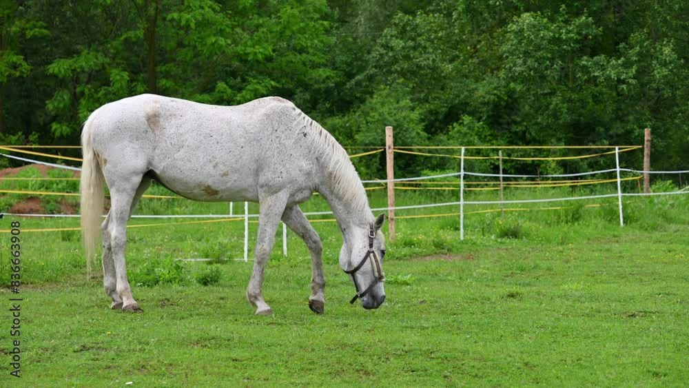 A beautiful horse is grazing on a green meadow on a sunny day. Concept for animals and nature. A beautiful horse is grazing on a green meadow on a sunny day. Concept for animals and nature.