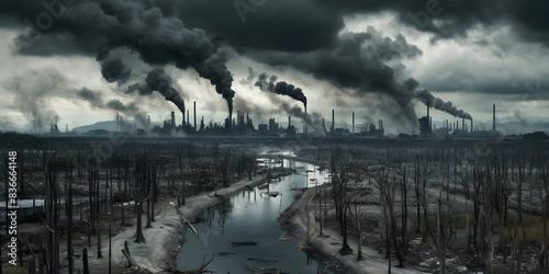 Industrial Pollution: A Ravaged Landscape" / "The Grim Reality of Environmental Destruction by Factories"