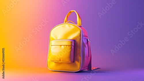 Small yellow school bag on a gradient background merging purple and yellow.