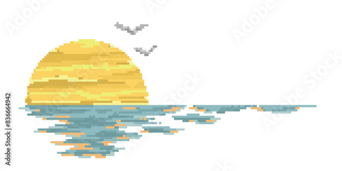 The pixel sunset with reflection in water.
