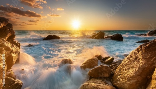 Very beautiful mediterranean seascape with setting sun on sunset. Waves crash on rocks in nature.