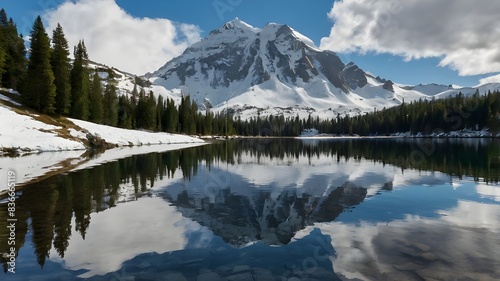  A pristine alpine lake reflecting surrounding snow-capped mountains