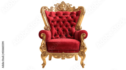 Regal Red Velvet Throne Chair with Gold Accents on Transparent Background