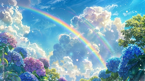 A rainbow in the sky, blue and purple hydrangea flowers