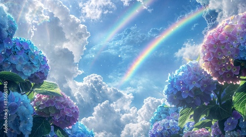 A rainbow in the sky, blue and purple hydrangea flowers