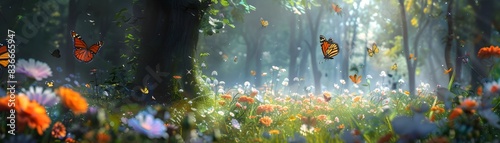 Enchanting Forest Filled with Blooming Flowers and Floating Butterflies