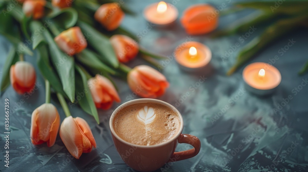 Spring vibes with a cup of coffee tulips and candles Spring vibes with a cup of coffee tulips and candles