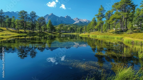 A serene lake scene with reflections of trees and mountains  creating a peaceful and calming atmosphere. Minimal and Simple 